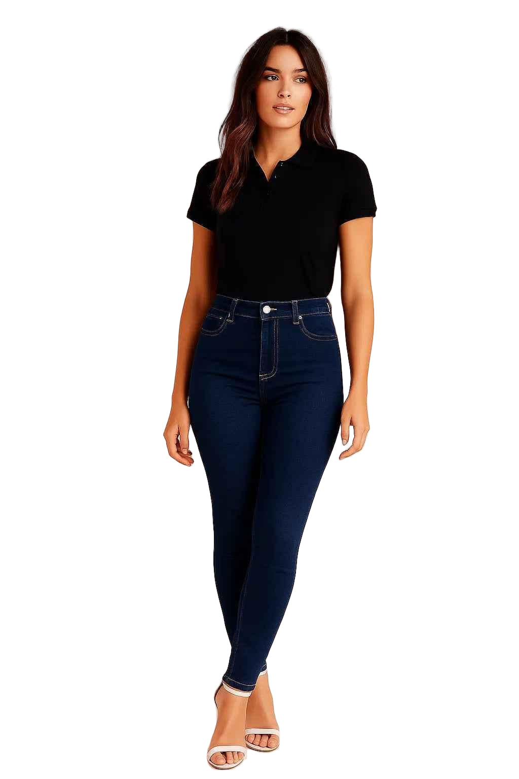 Woman wearing a black polo shirt and blue jeans against a beige background