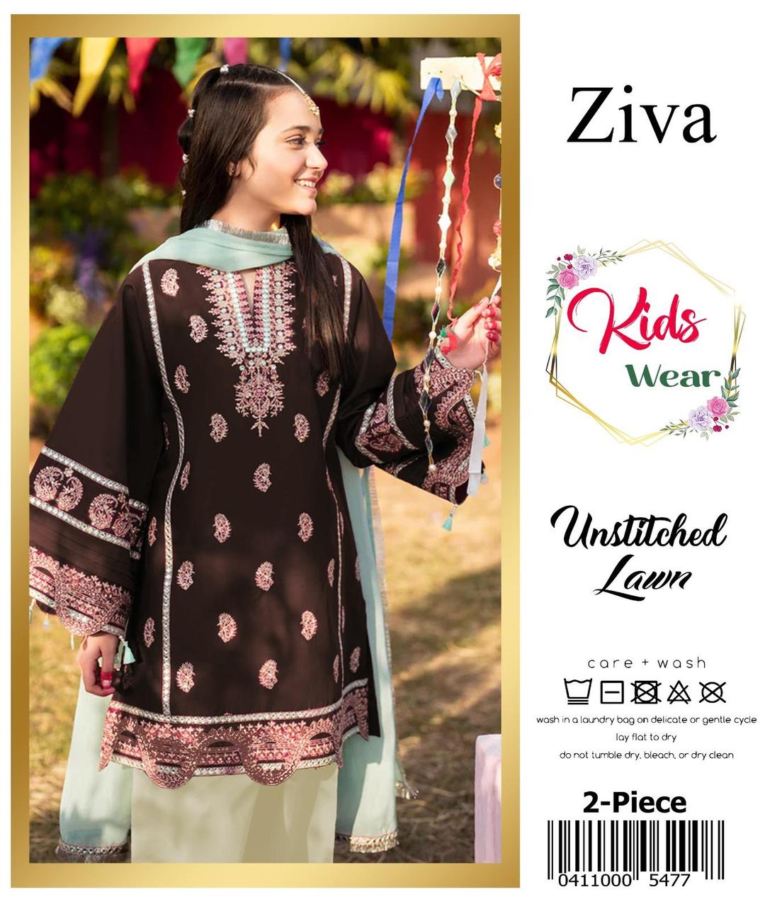2 Pcs Girl's Lawn Embroidered Unstitched Suit